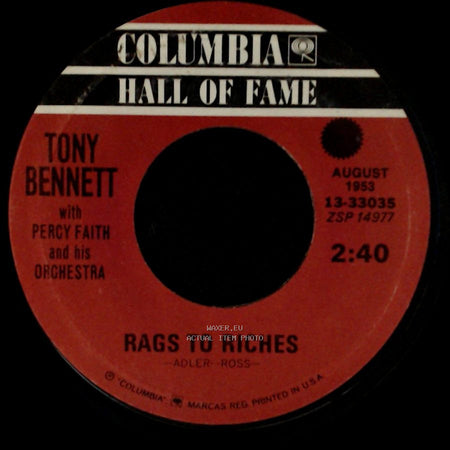 Tony Bennett With Percy Faith And His Orchestra / Tony Bennett With Ray Conniff - Rags To Riches / One For My Baby (And One More For The Road) side A