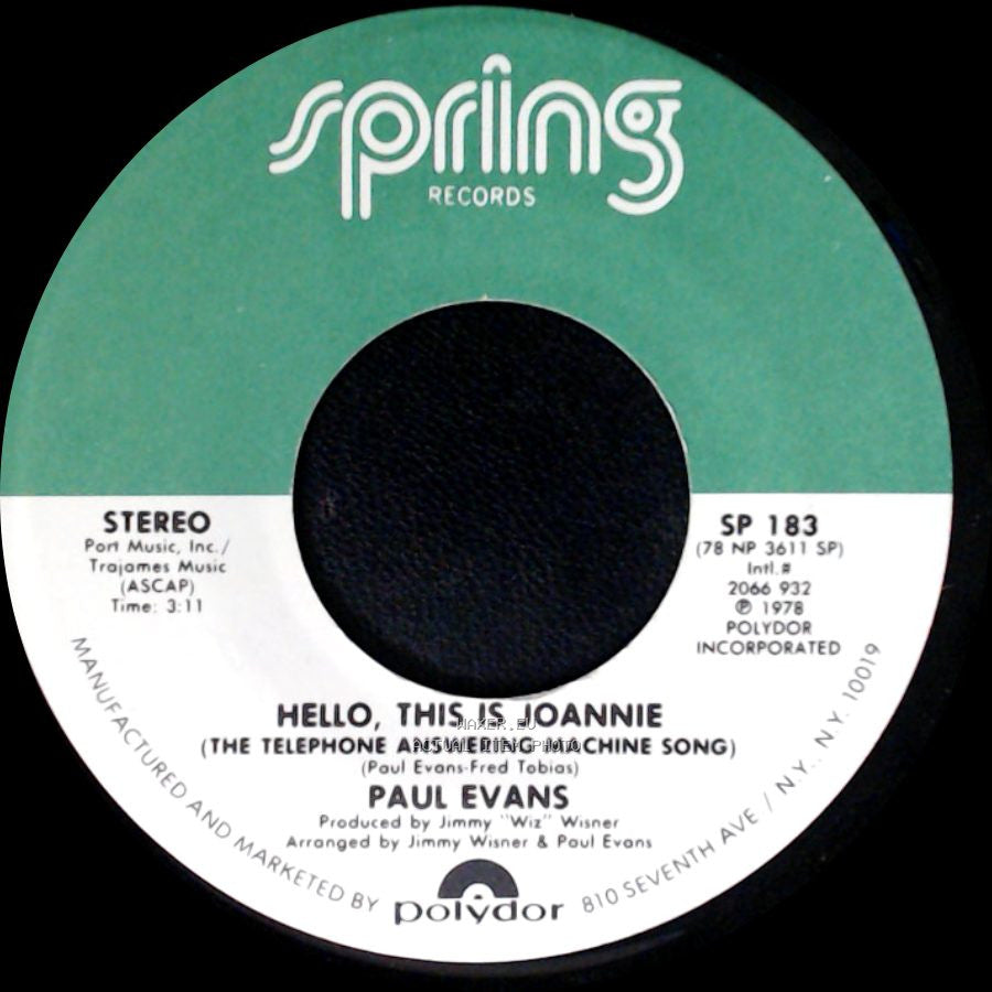 Paul Evans - Lullabye Tissue Paper Co. / Hello, This Is Joannie (The Telephone Answering Machine Song) side B